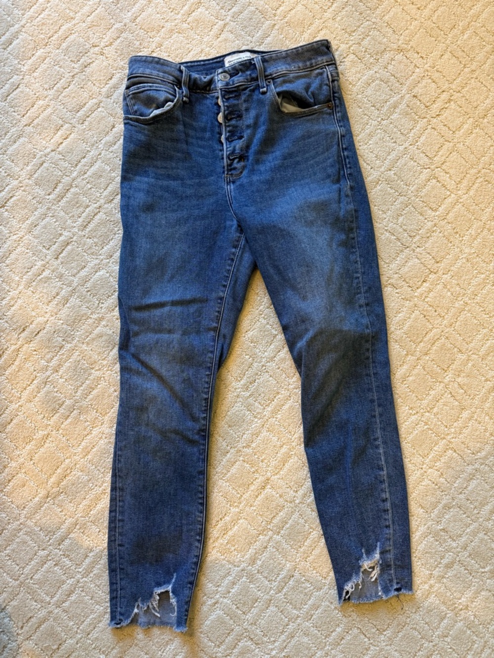 Abercrombie & Fitch Dark Blue Skinny Button-Fly Jeans with Distressed Hem